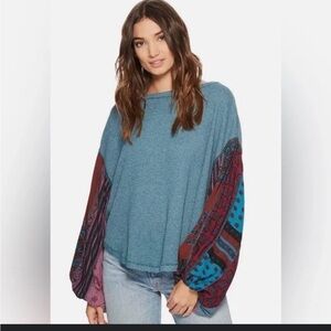 FREE PEOPLE Blossom Thermal Green Teal Combo puff sleeve shirt